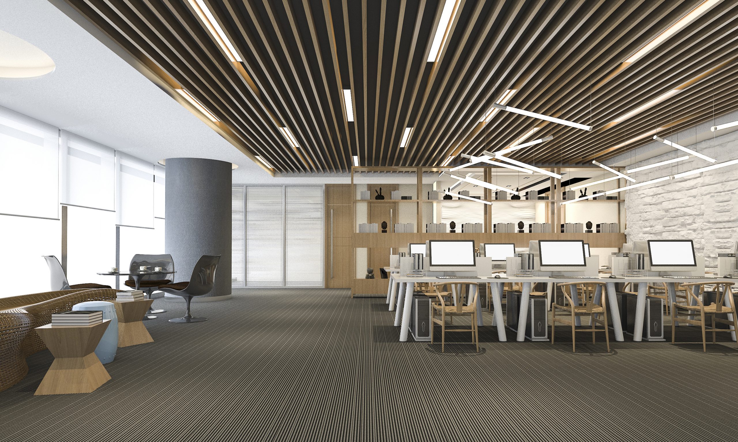 Et moderne kontor mer en åpen planløsning med hvite murvegger og eksponert treverk i taket og i møblene, interiørdesign for kontor