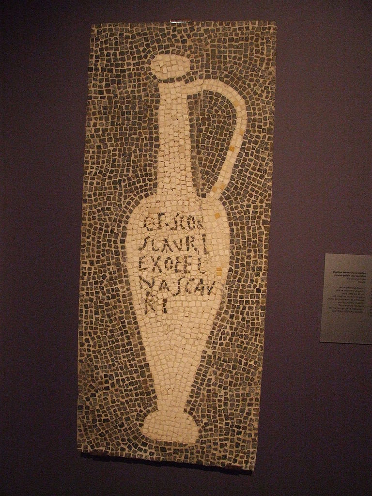 Gammel mosaikk fra romerriket som fungerte som reklame for Scaurus sin fiskesaug/Garum, tidlig branding
