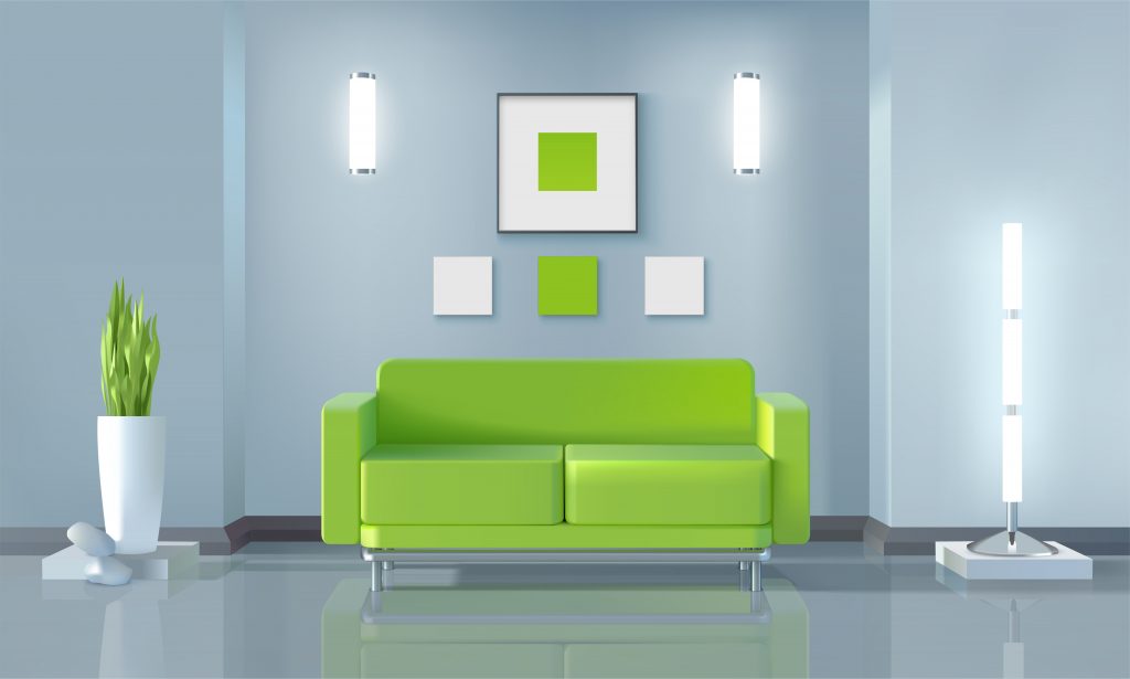 3D render av en grønn sofa og interiør