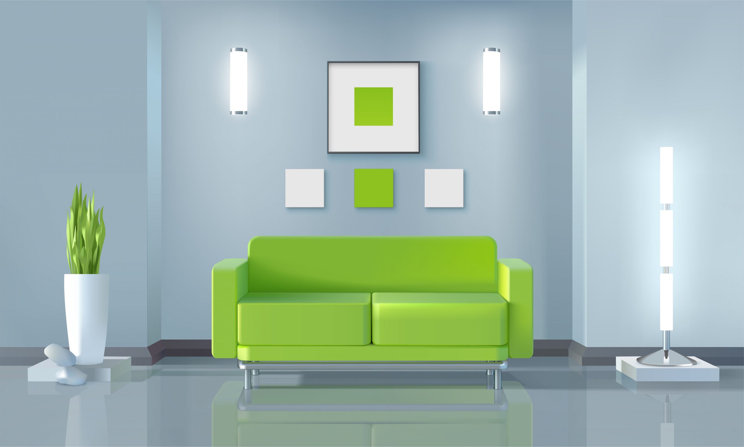 3D render av en grønn sofa og interiør