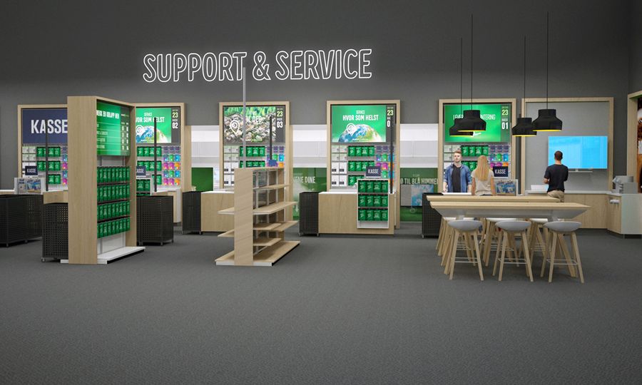 Et retail konsept, render-kisse av hvordan et butikk vil bli seende ut med grønnehyller og treverk