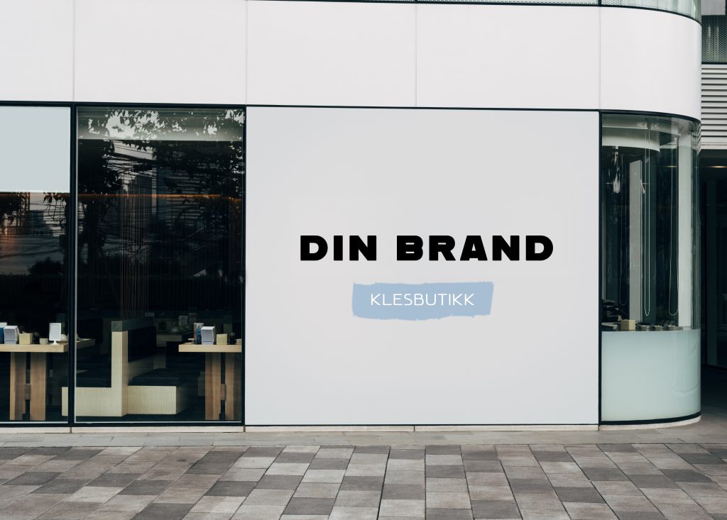 Utsiden av en moderne butikk med teksten "din brand" og "klesbutikk" på skiltet