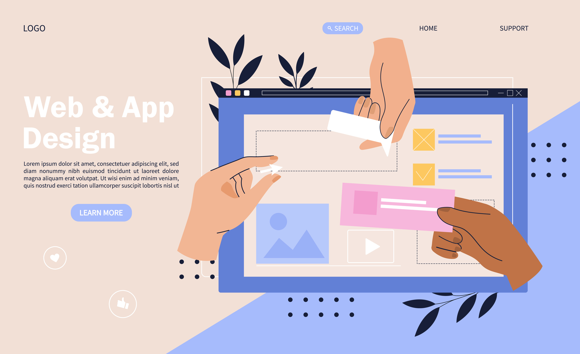 Web design concept with hands placing elements onto a digital device screen, flat cartoon colored vector illustration of a website landing page